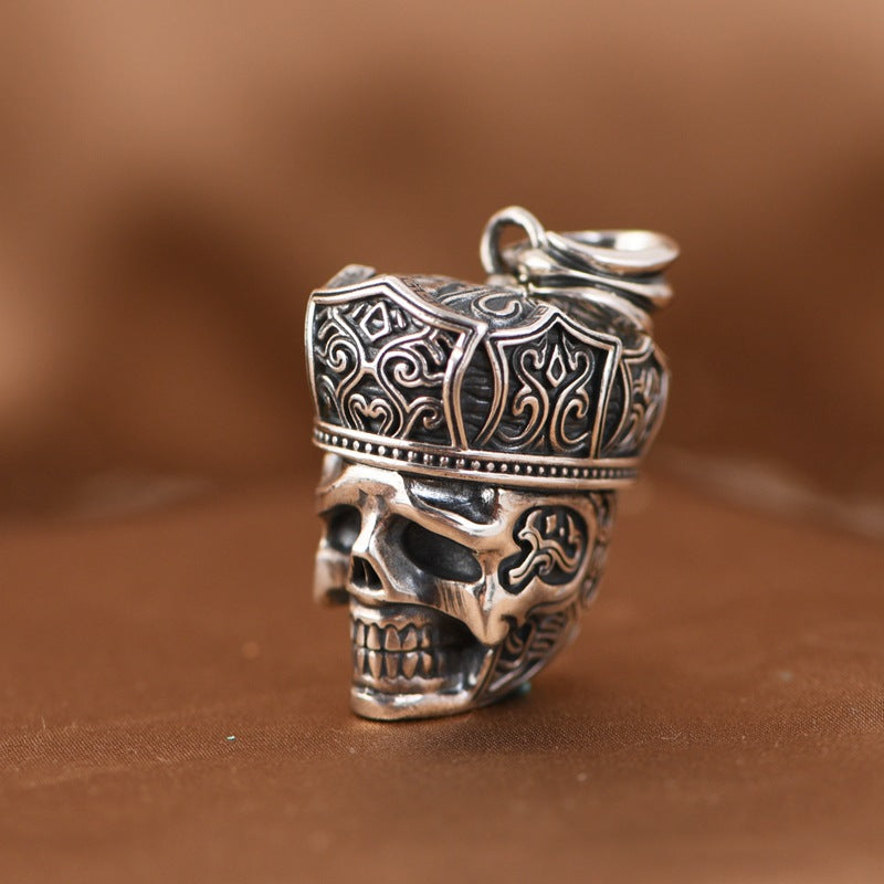 Gothic crowned skull pendant with detailed priest mitre crown close-up angle