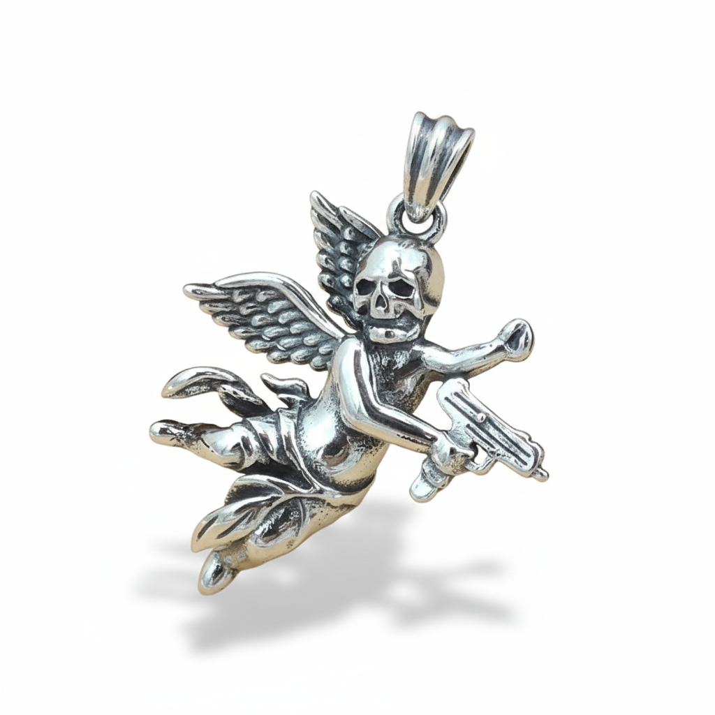 S925 sterling silver armed angel skull pendant on white background showing skull head, detailed wings, cherub body, and weapon with subtle shadow