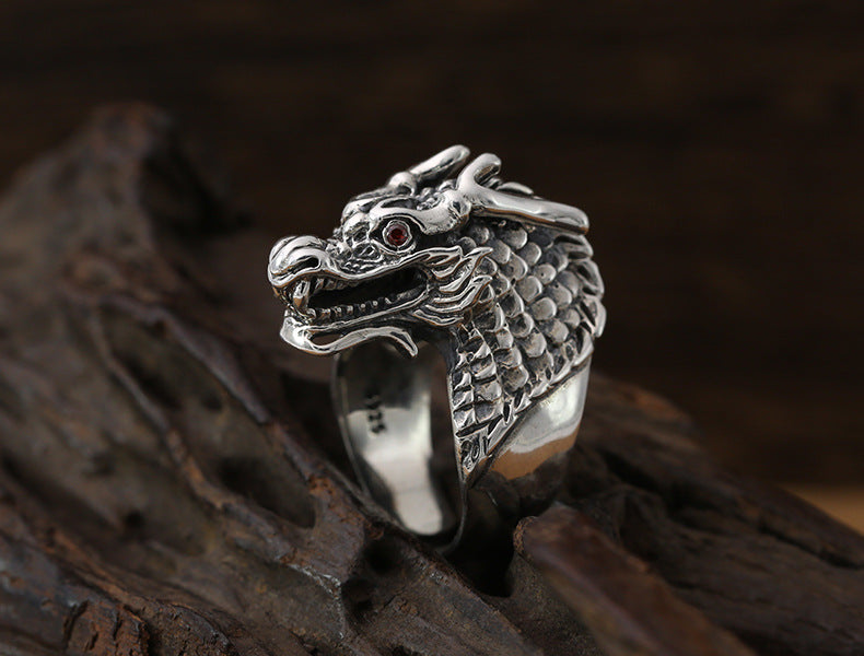 S925 sterling silver dragon ring showing intricate scale work, natural quartz eye and three-dimensional mythological design