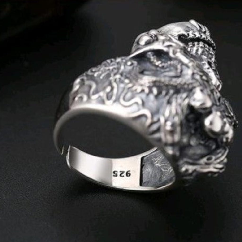 S925 necromancer skull ring side profile on black background showing S925 stamp, adjustable band and ornate Gothic detail