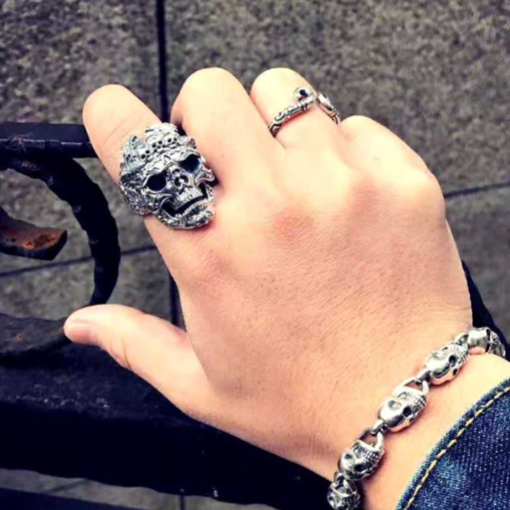 S925 sterling silver necromancer skull ring worn on hand showing Gothic crown design, size reference and adjustable fit