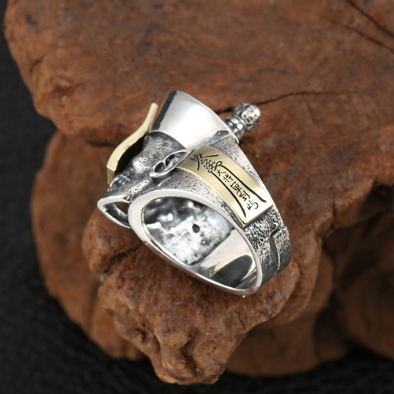 S925 sterling silver samurai ring side view showing helmet structure skull detail and mixed metal finish