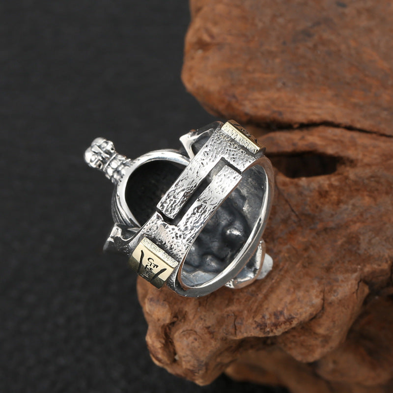 S925 sterling silver samurai ring top view showing kabuto helmet crown skull structure and oxidized finish