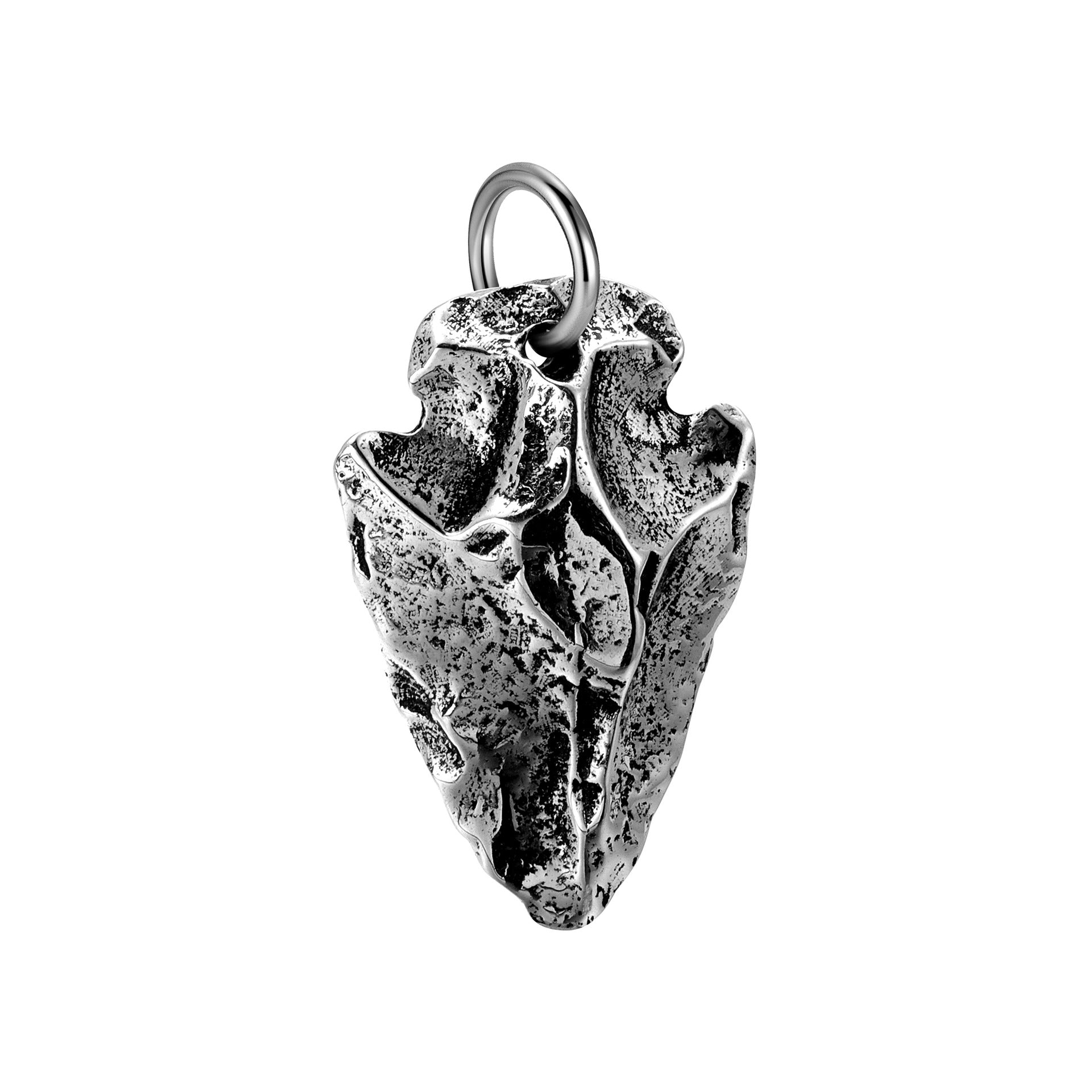S925 sterling silver arrowhead pendant distressed statement with textured surface and oxidized finish on white background