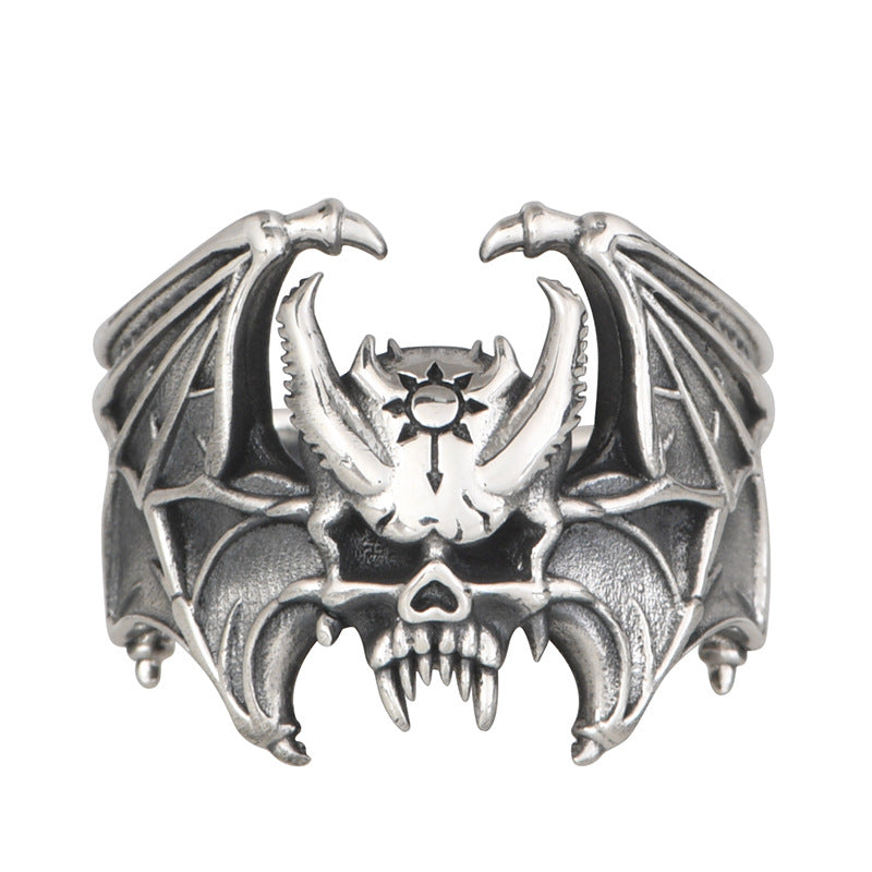 S925 sterling silver bat skull ring gothic adjustable statement with spread wings and oxidized finish on white background