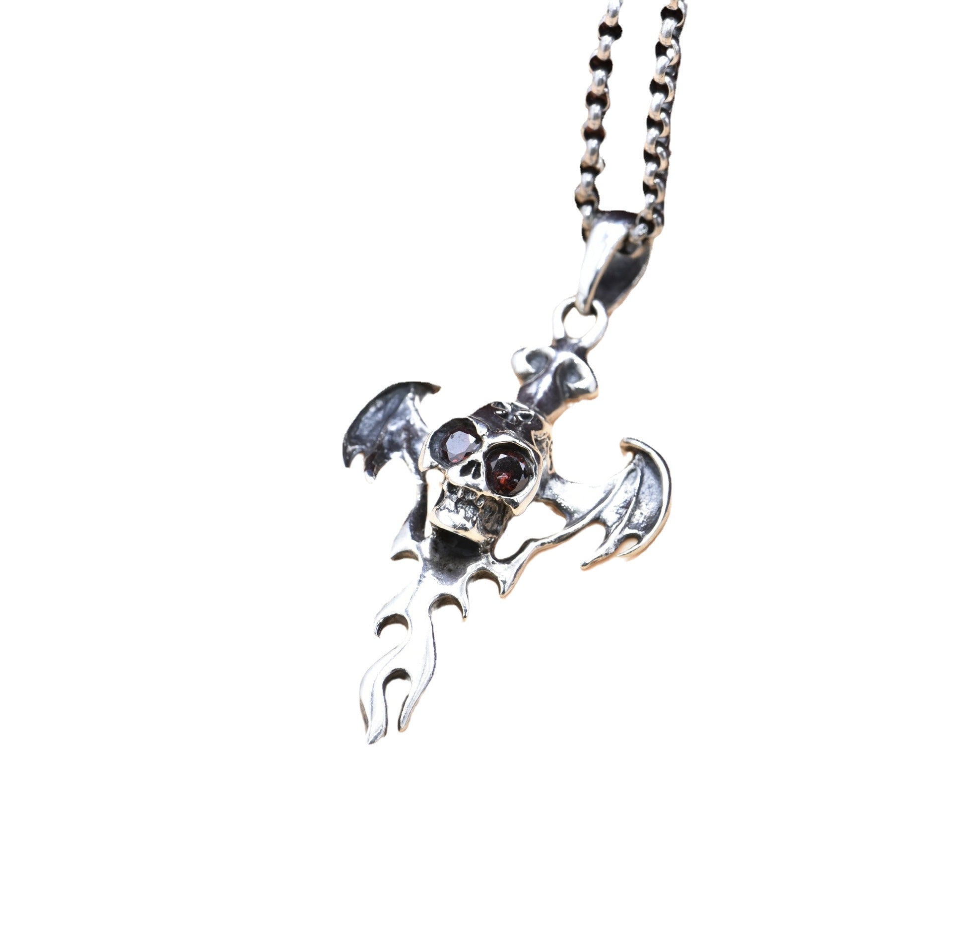 S925 sterling silver devil wing skull pendant with red zircon eyes on chain white background