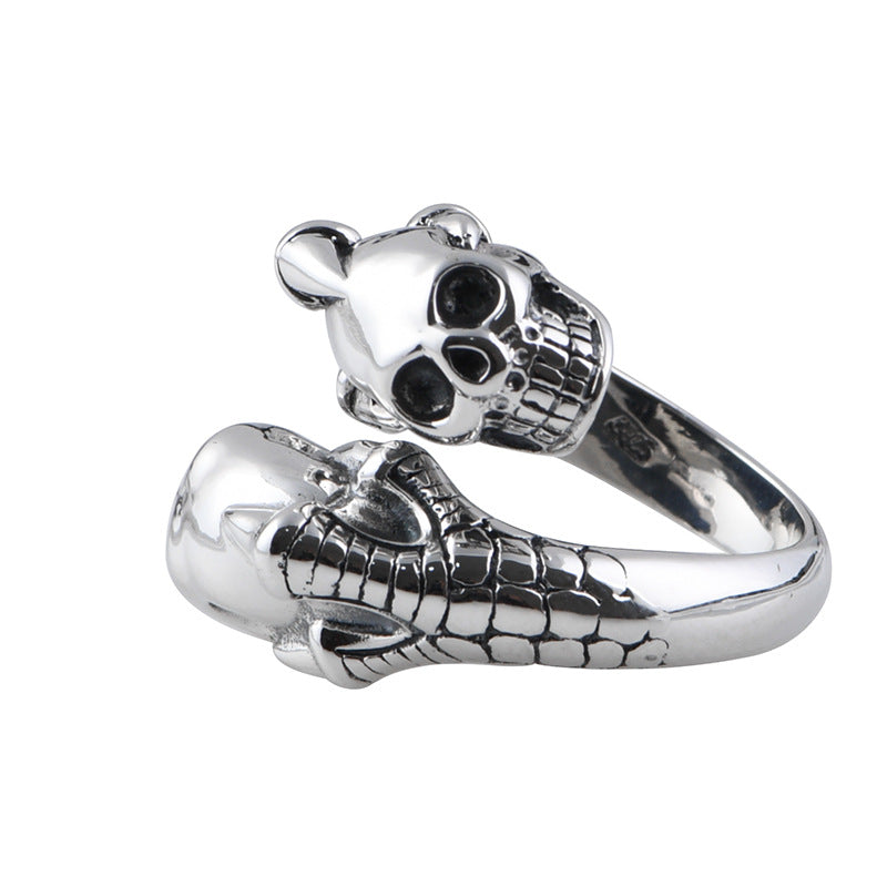 S925 sterling silver double skull and claw adjustable ring side view showing detailed skull and claw design