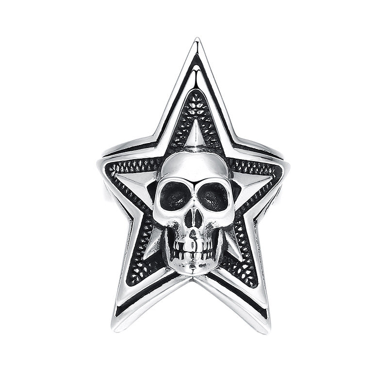 S925 sterling silver five-pointed star skull ring with gothic pentagram statement design and oxidized black finish on white background