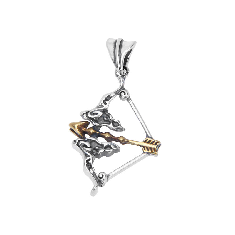 S925 sterling silver medieval archer bow arrow pendant statement with brass arrow detail and oxidized finish on white background