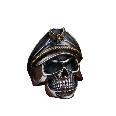S925 sterling silver officer skull ring adjustable with gold eagle emblem military cap and oxidized finish on white background