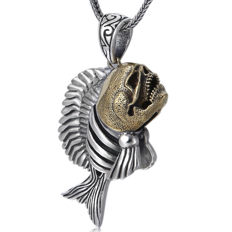 S925 sterling silver piranha pendant with brass body and gothic predator design on chain white background