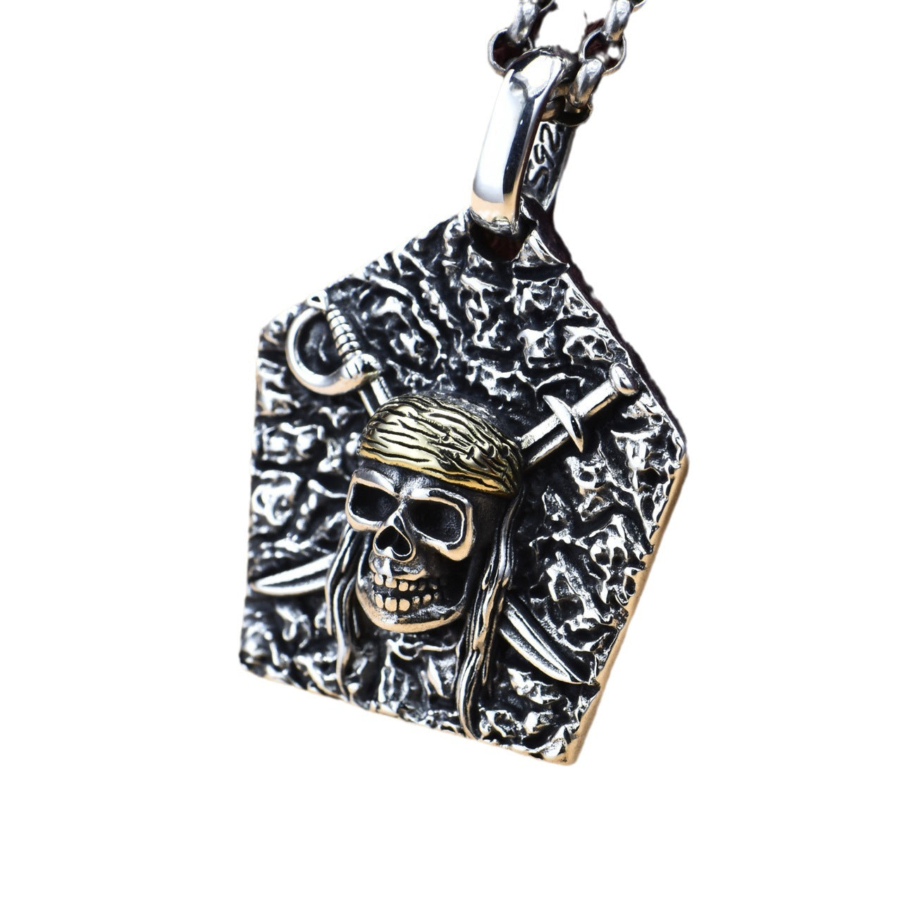 S925 sterling silver pirate skull pendant 28mm with tricorn hat cutlass and oxidized finish on white background