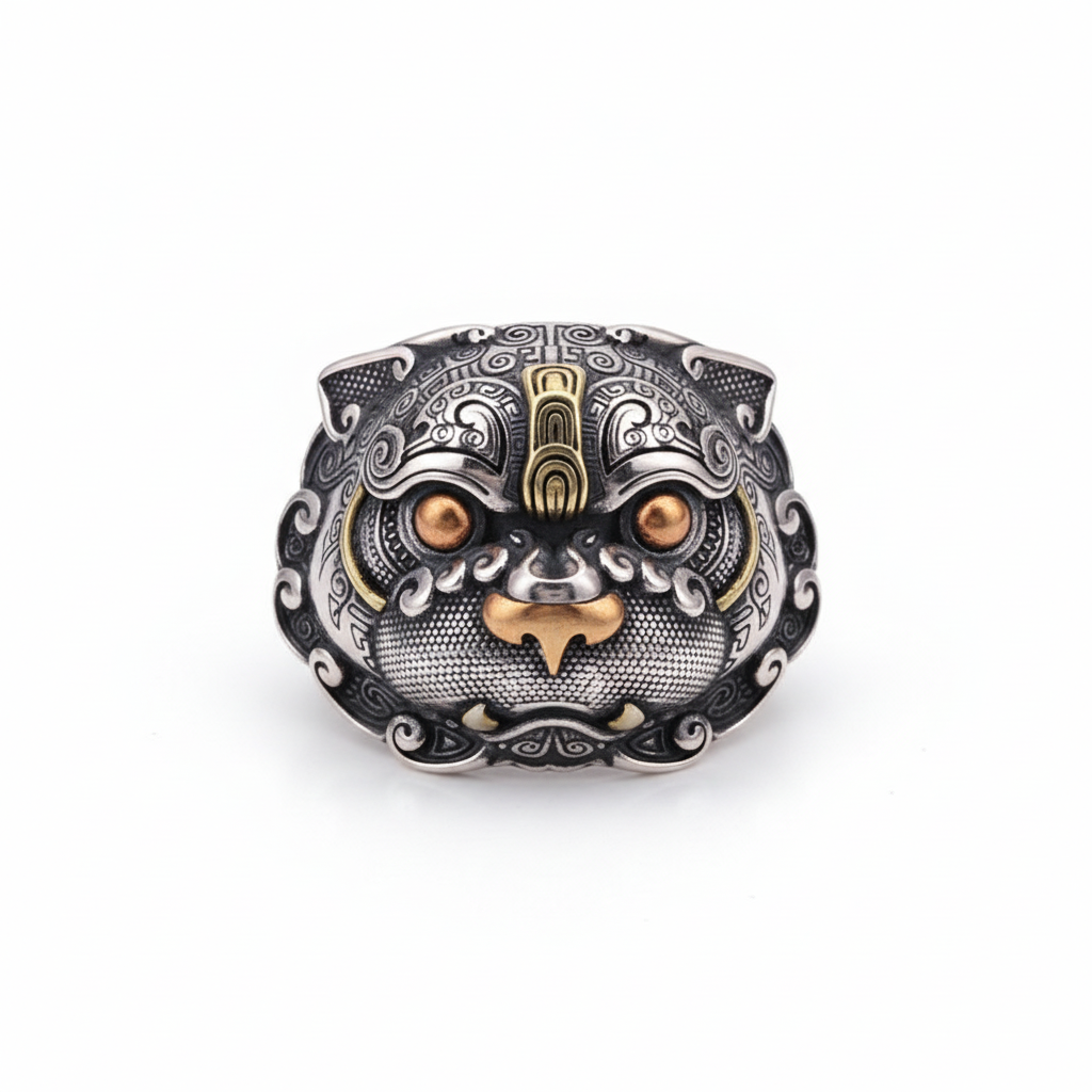 sterling silver Pixiu ring on white background showing detailed face, brass eye accents and oxidized finish
