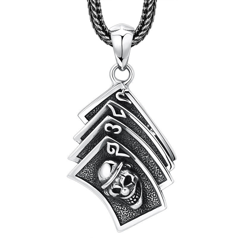 S925 sterling silver poker cards skull pendant with gothic playing card charm layered design on white background