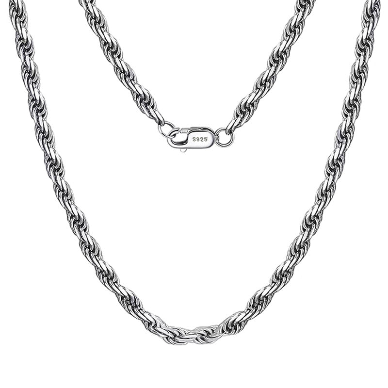 S925 sterling silver rope chain on white background showing twisted rope pattern, lobster clasp and polished finish