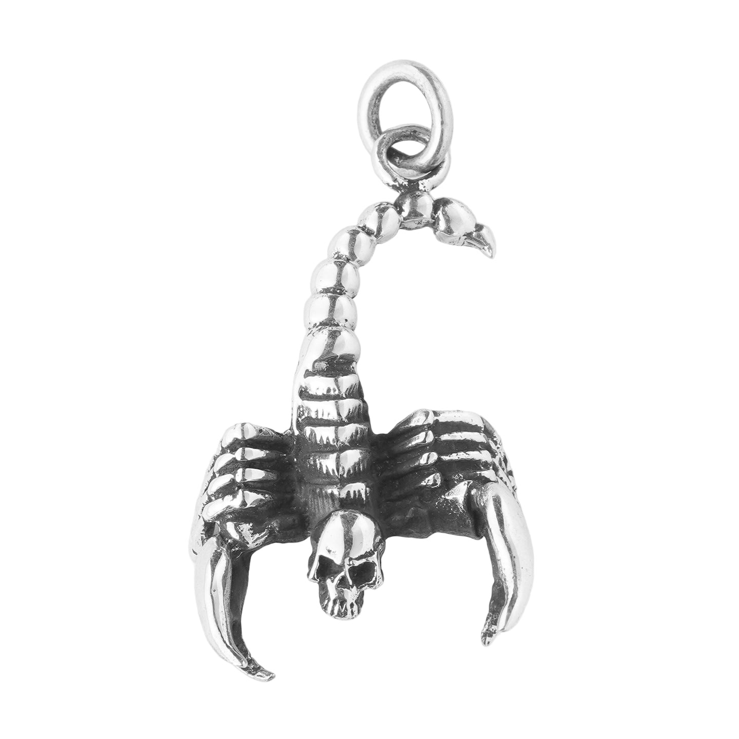 S925 sterling silver scorpion pendant with gothic skull articulated segmented body and oxidized finish on white background