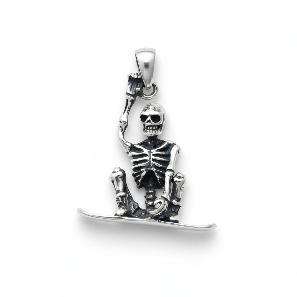 S925 sterling silver skeleton snowboarder pendant on white background showing detailed bone structure and snowboard design