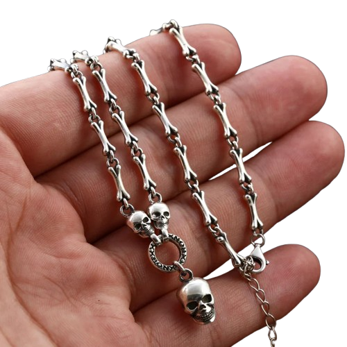 S925 sterling silver skull bone chain necklace 3mm gothic link held in hand showing adjustable length and lobster clasp