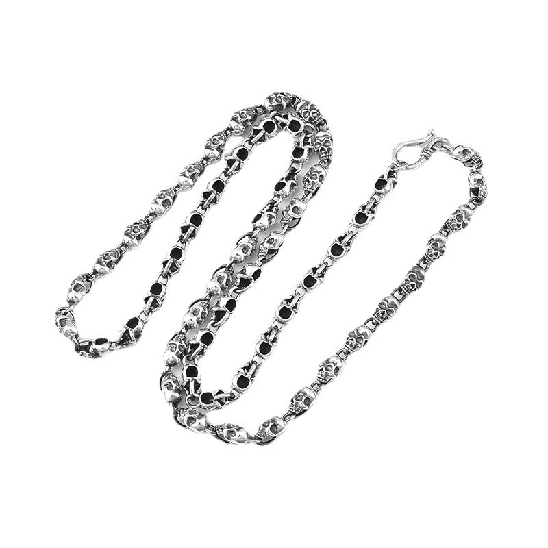 S925 sterling silver skull chain necklace 6mm bold link full length view with oxidized finish on white background