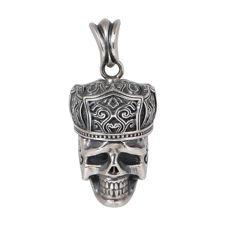 S925 sterling silver skull pendant with ornate priest mitre crown front view