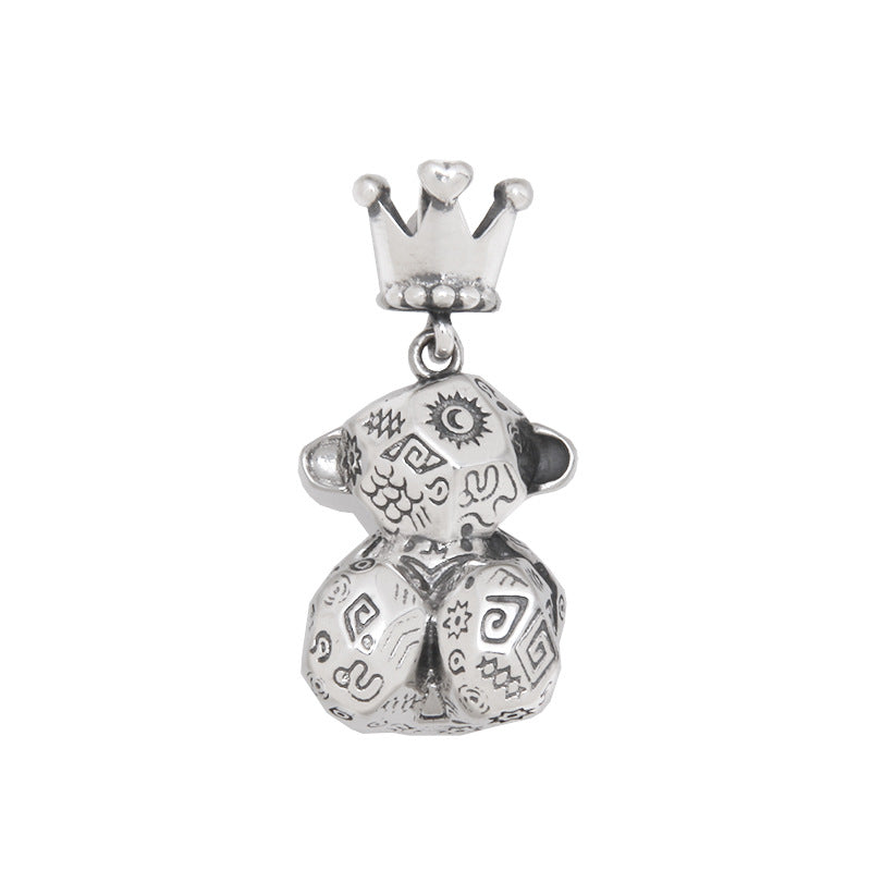 S925 sterling silver Thai bear charm 21mm with graffiti lettering engraving and oxidized finish on white background