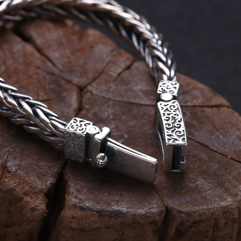 S925 sterling silver bracelet clasp showing ornate engraved pattern, secure closure and heavy gauge construction