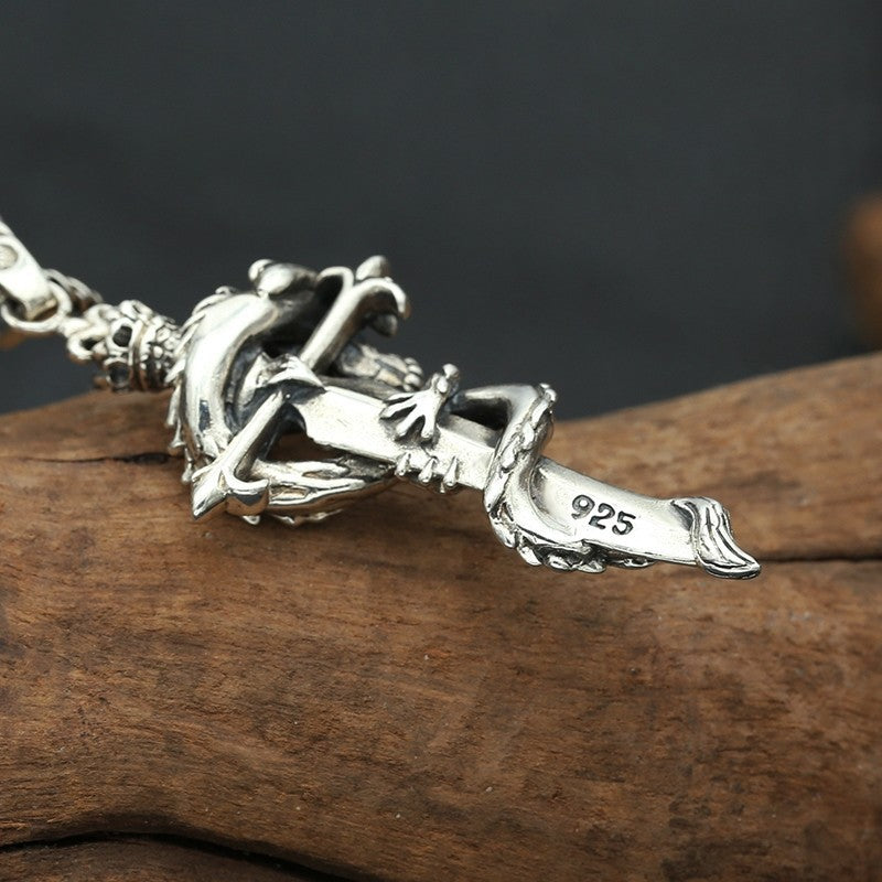 Back view of S925 sterling silver cross sword dragon pendant showing authentic S925 stamp reverse side detail and solid construction