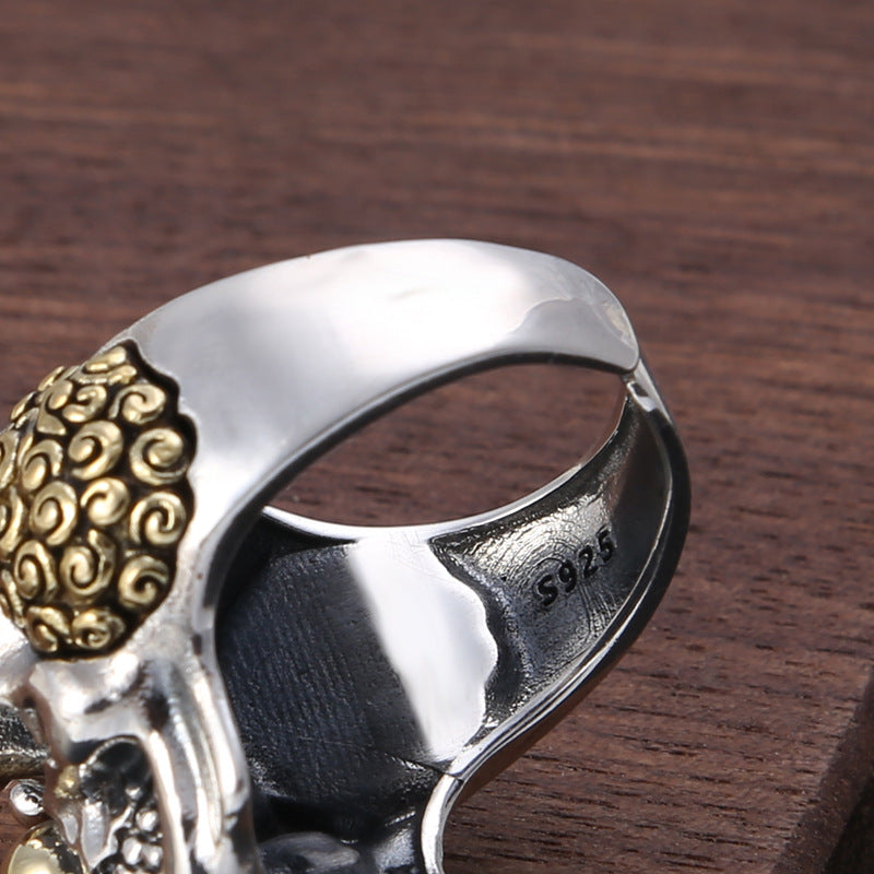 S925 sterling silver clown skull ring interior showing polished band, ornate filigree pattern and adjustable opening