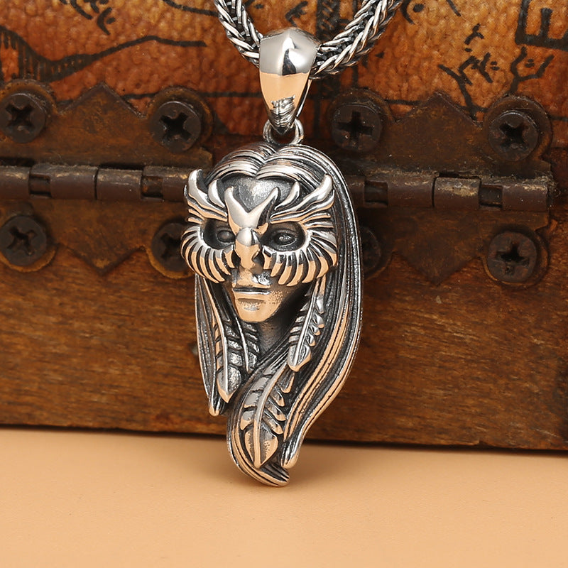 S925 sterling silver Oni Mask pendant on chain showing gothic guardian design feathered detail and dimensional craftsmanship