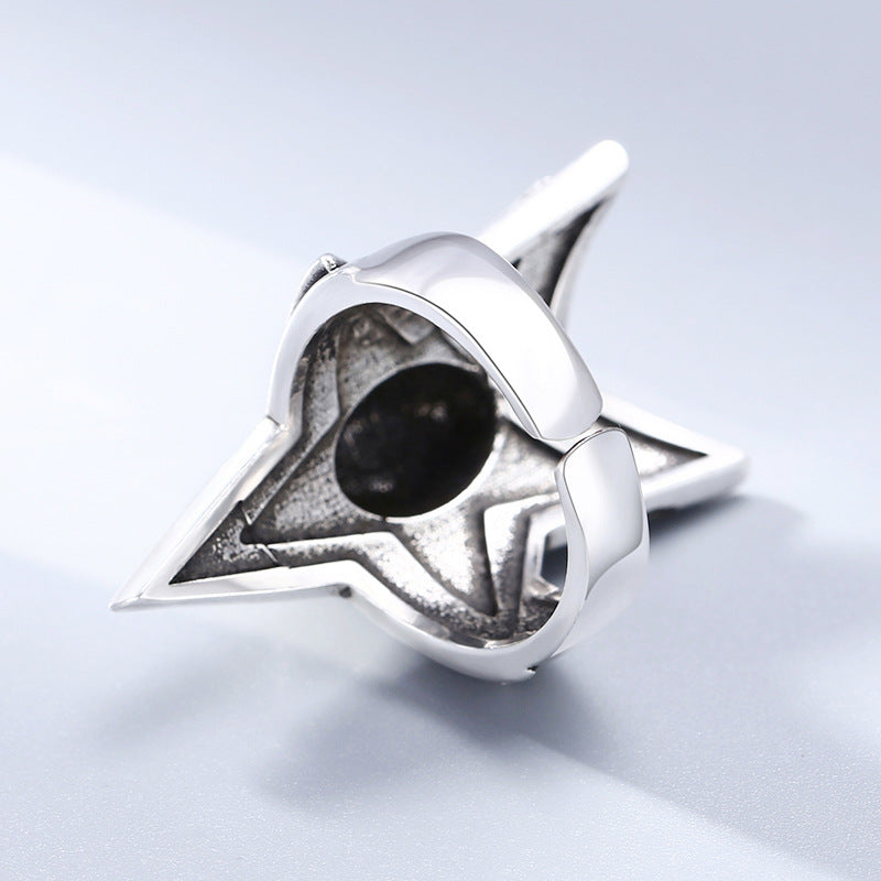 Close-up of S925 sterling silver five-pointed star skull ring showing intricate pentagram engraving skull centerpiece and gothic craftsmanship