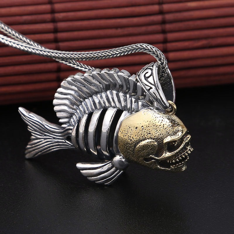 S925 sterling silver piranha pendant 23g with brass body displayed on chain showing gothic predator charm detail