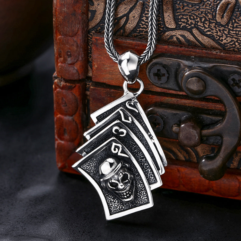  S925 sterling silver poker cards skull pendant on chain showing layered playing card design and oxidized gothic detail