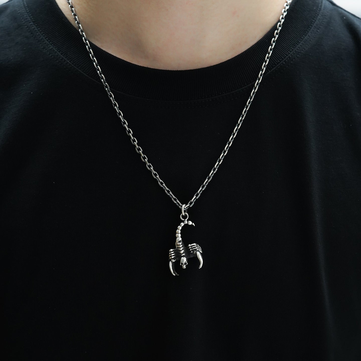  S925 sterling silver scorpion pendant worn on chain showing gothic skull statement size articulated movement and dramatic presence