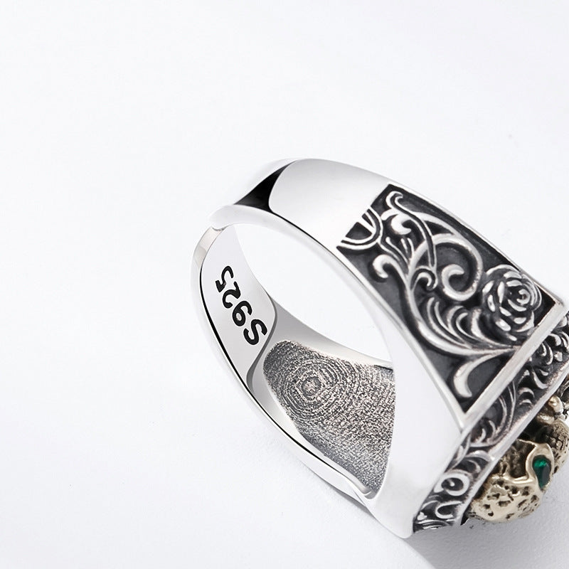 S925 sterling silver skull ring interior showing hallmark stamp and baroque band detailing