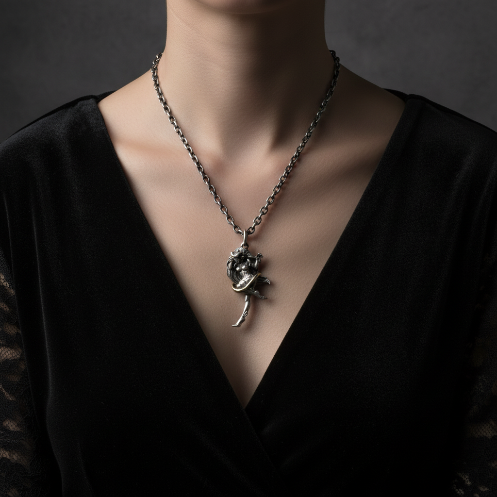 S925 sterling silver crescent moon sorceress pendant worn on black v-neck showing Gothic witch design and scale reference