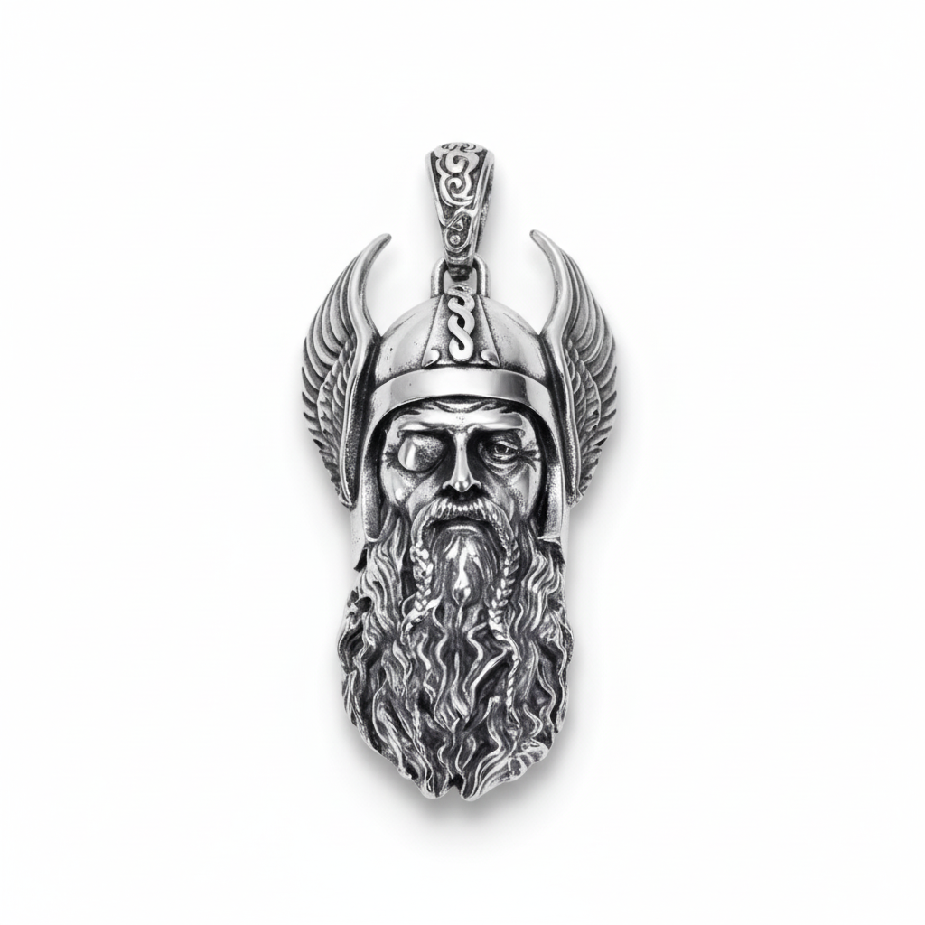 Sterling silver Odin pendant on white background showing Viking god with winged helmet, detailed beard and oxidized finish