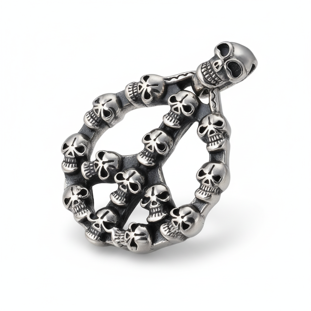S925 sterling silver peace symbol skull pendant on white background showing detailed skull with peace symbol design, oxidized finish, and natural shadow
