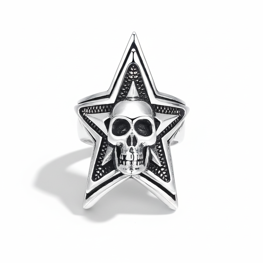 S925 sterling silver five-pointed star skull ring on white background showing Gothic pentagram design and oxidized finish