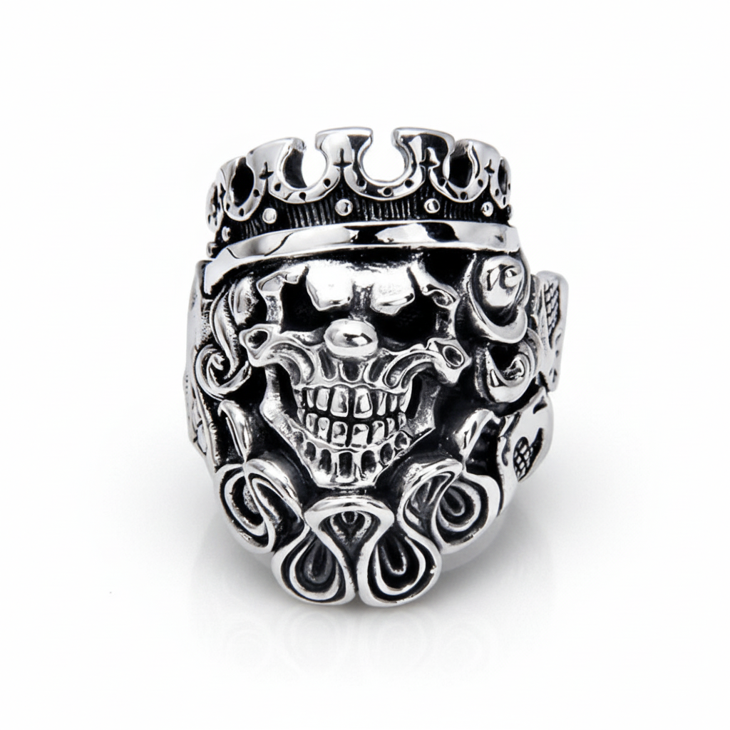 S925 sterling silver gothic skull king ring on white background showing crowned skull with rose details, oxidized finish with polished highlights, and natural shadow