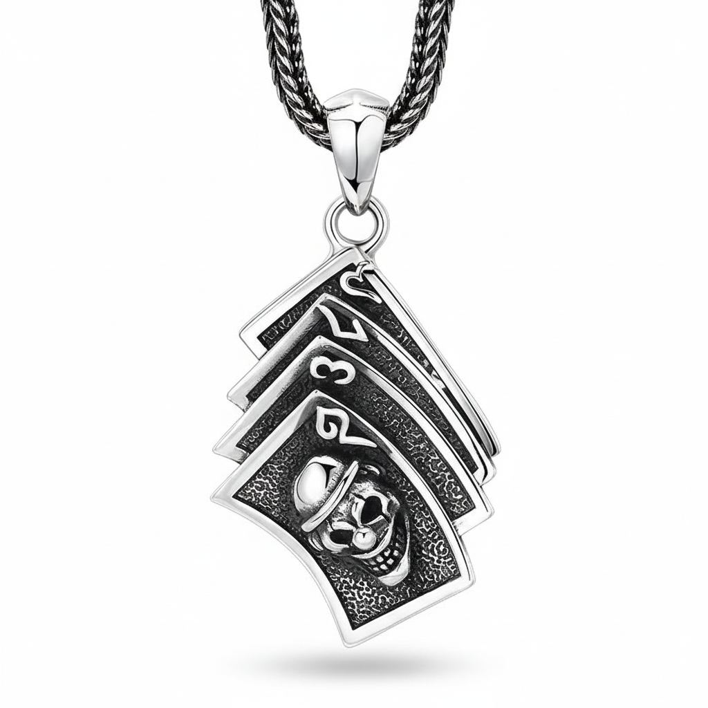 S925 sterling silver poker cards pendant on white background showing Gothic playing card design and oxidized finish