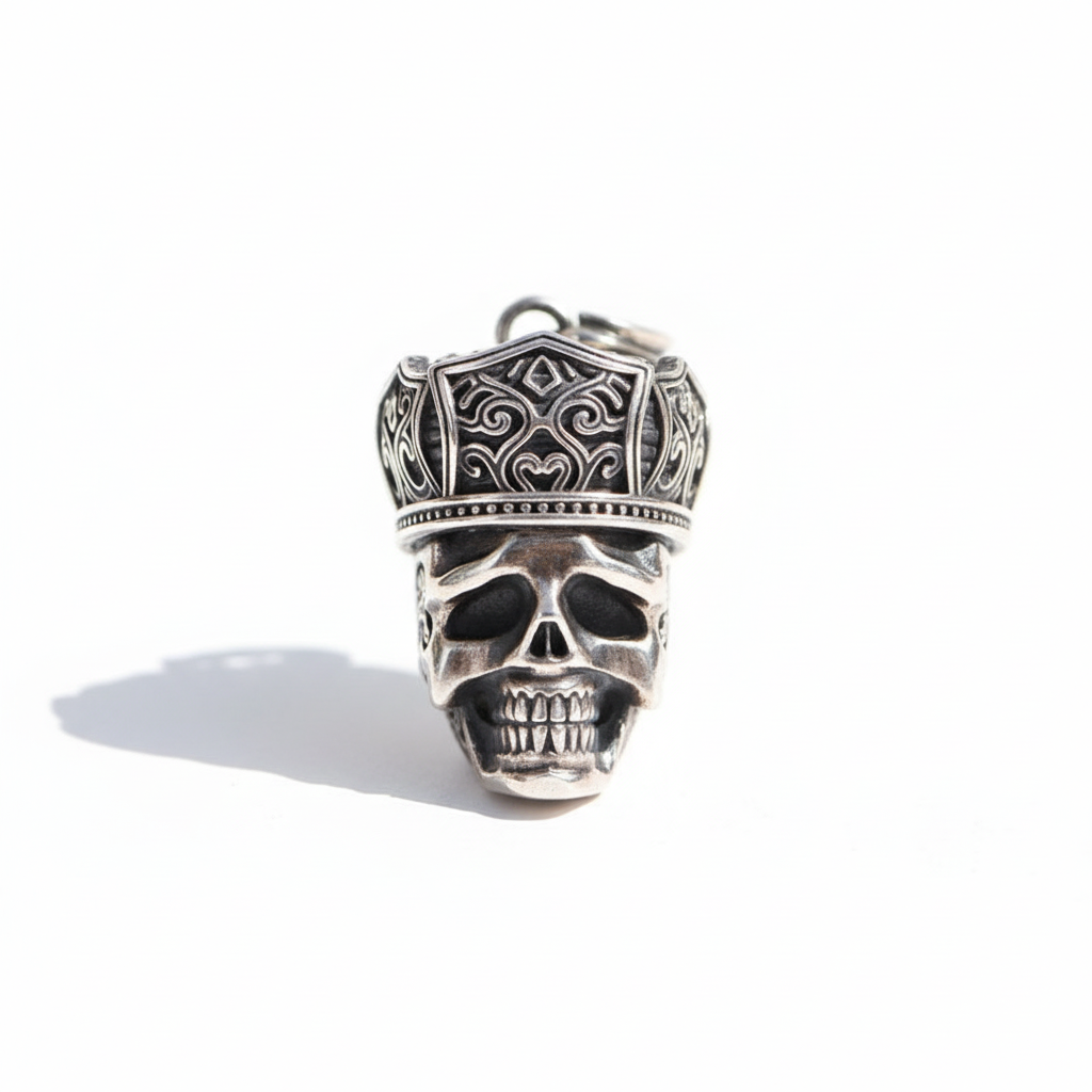 S925 sterling silver crowned skull pendant on white background showing Gothic priest mitre crown and oxidized finish