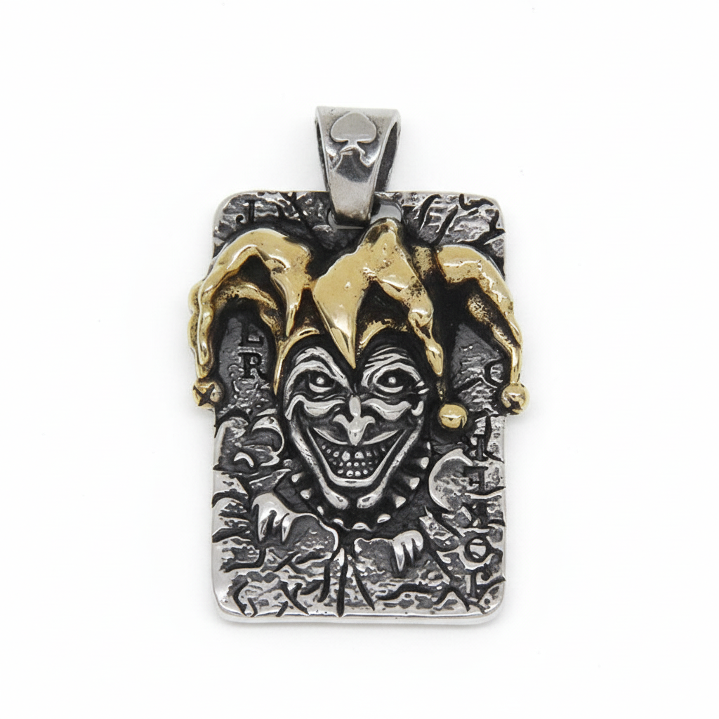 S925 sterling silver joker pendant on white background showing Gothic design, brass accents and two-tone finish
