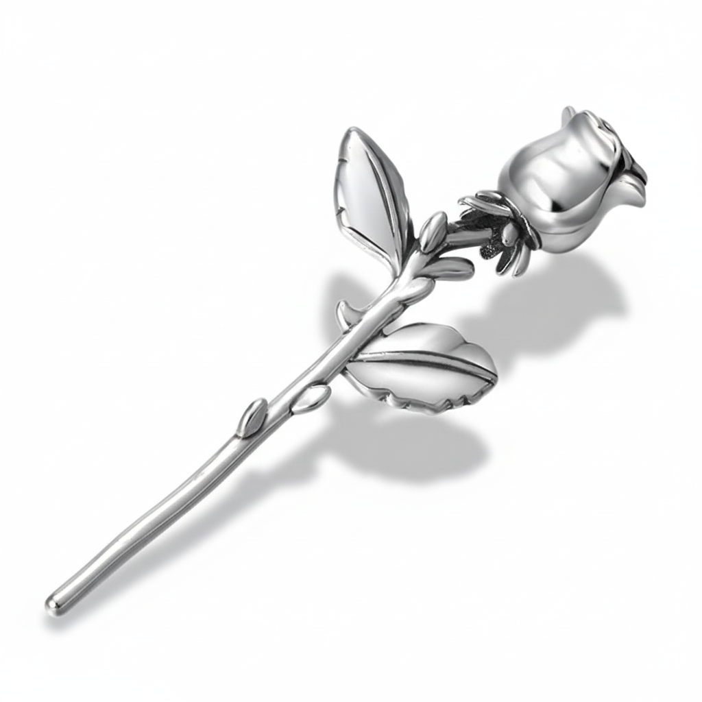 S925 sterling silver rose pendant on white background showing detailed bloom, smooth polished leaves and long stem