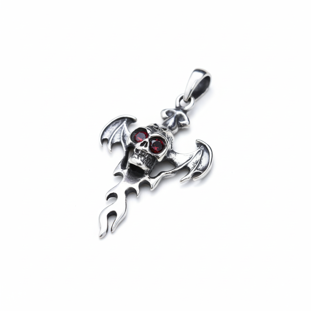 S925 sterling silver devil wing skull pendant on white background showing detailed skull with spread devil wings, zircon eyes, oxidized finish, and natural shadow