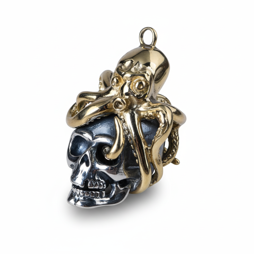 S925 sterling silver octopus skull pendant on white background showing detailed skull with gold brass octopus tentacles, mixed metal finish, and natural shadow