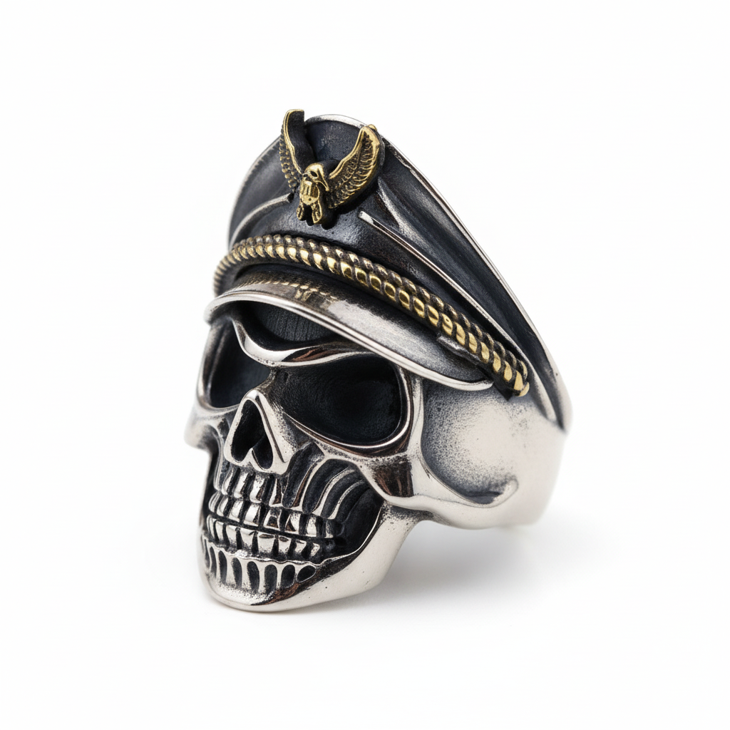 S925 sterling silver officer skull ring on white background showing detailed skull with military cap, gold eagle emblem, adjustable band, oxidized finish, and natural shadow