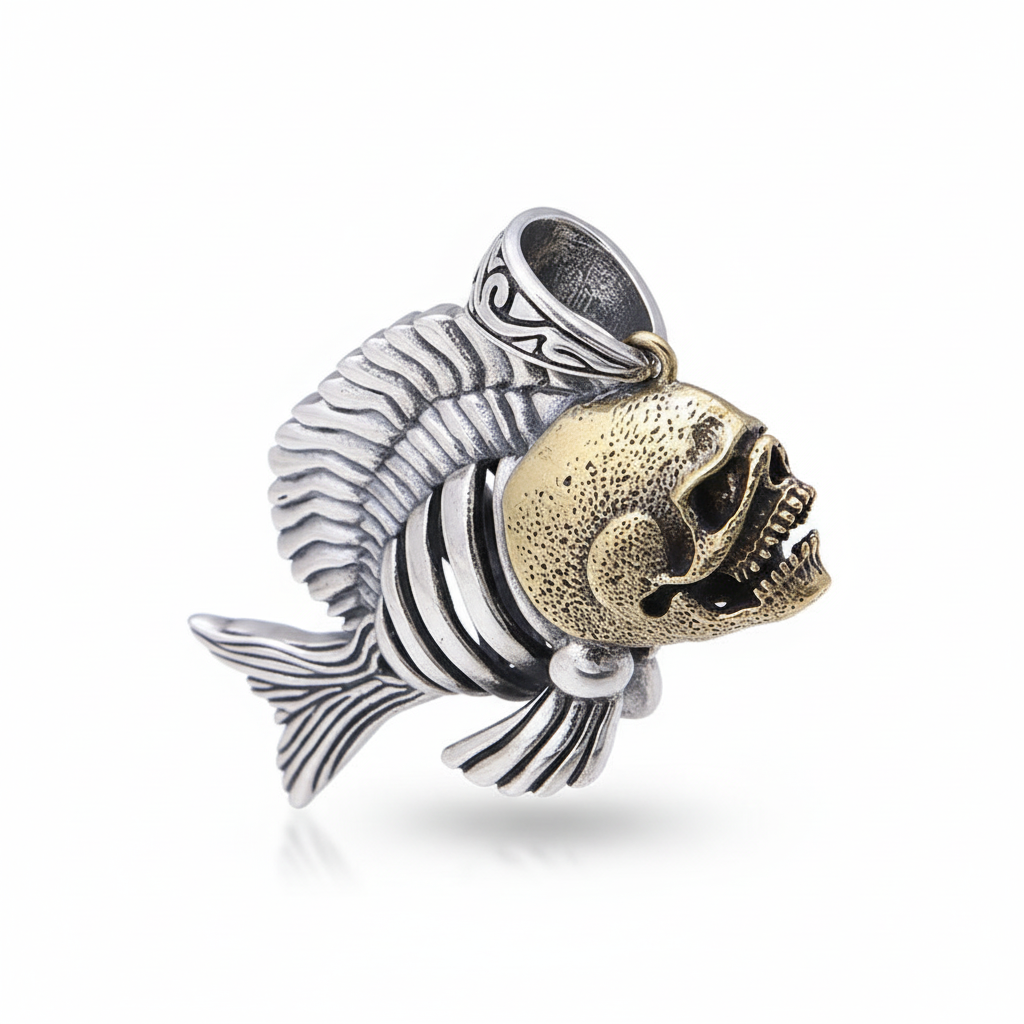 S925 sterling silver piranha pendant on white background showing detailed predator fish with sharp teeth, scales, oxidized finish, and natural shadow
