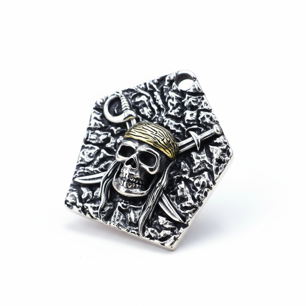 S925 sterling silver pirate skull pendant on white background showing detailed 28mm skull with bandana, oxidized finish, and natural shadow