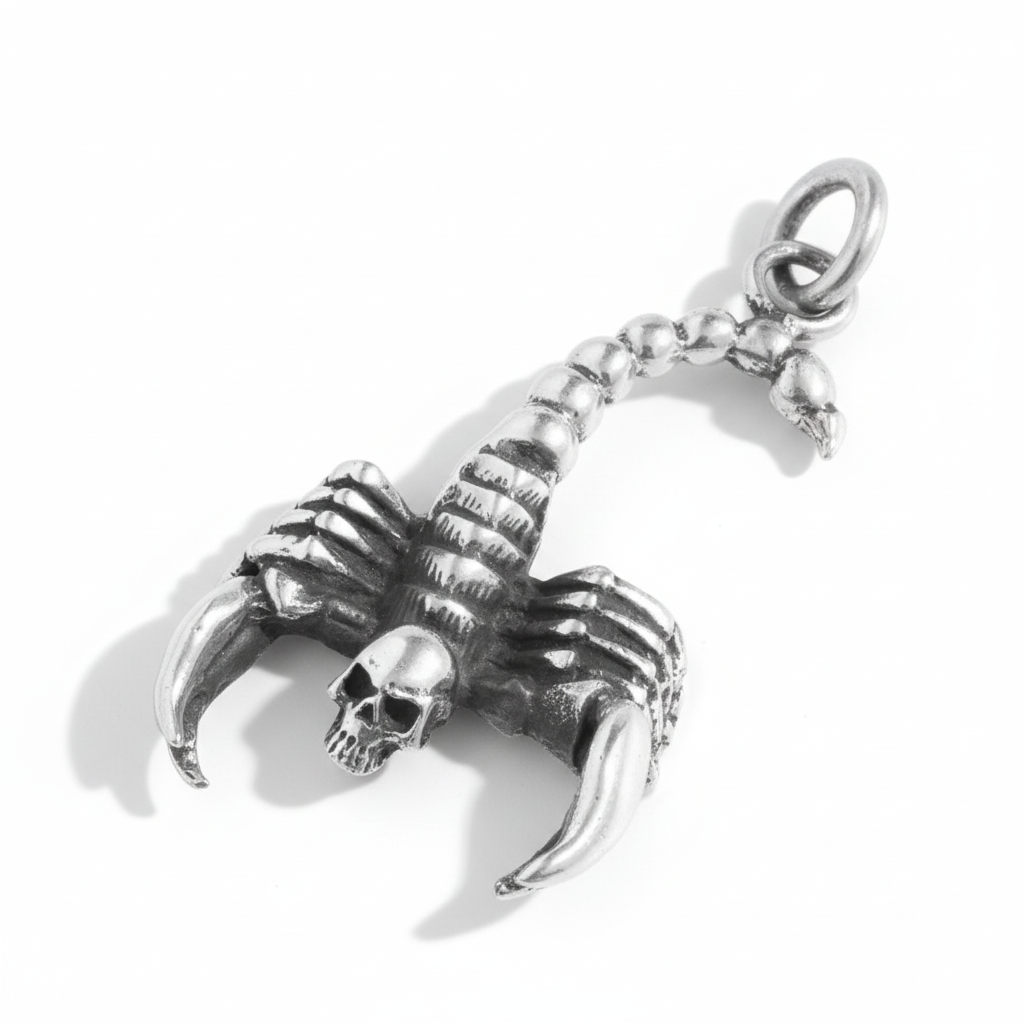 S925 sterling silver scorpion pendant on white background showing segmented tail, detailed claws and oxidized finish