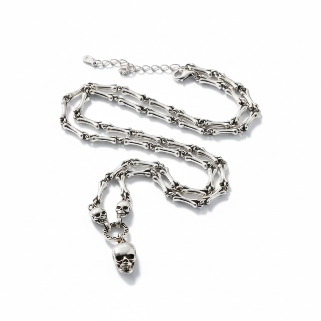 S925 sterling silver skull chain necklace on white background showing detailed skull links and skull pendant